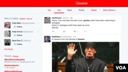 A screenshot a Twitter feed on the shutting down of Gawker, a gossip and news website on Aug. 23, 2016. (VOA)