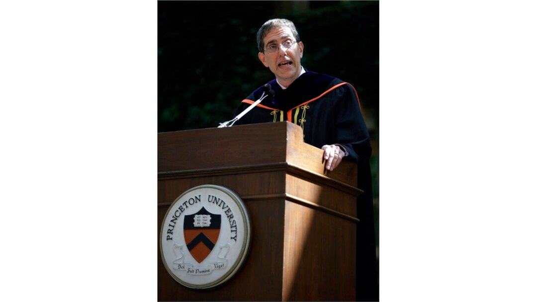 FILE - Christopher Eisgruber addresses a gathering at Princeton University, in Princeton, N.J., Sept. 22, 2013, after he was installed as the Ivy League school's 20th president.