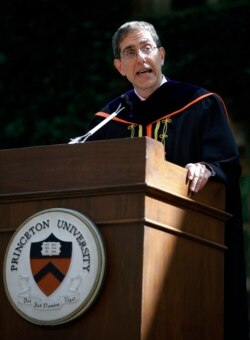 FILE - Christopher Eisgruber addresses a gathering at Princeton University, in Princeton, N.J., Sept. 22, 2013, after he was installed as the Ivy League school's 20th president.