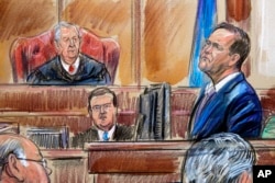 This courtroom sketch depicts Rick Gates on the witness stand as he is cross examined by defense lawyer Kevin Downing during the trial of former Donald Trump campaign chairman Paul Manafort , Aug. 7, 2018.