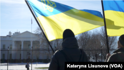 乌克兰抗议者在美国白宫外面举旗示威。（2022年1月7日）