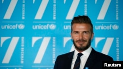 David Beckham menghadiri konferensi pers untuk menandai 10 tahun sebagai duta besar UNICEF, di markas besar Google di London, 9 Februari 2015.