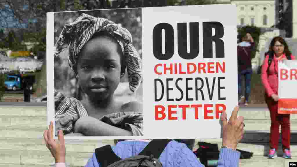An event held April 12, 2015 in Washington, during which protestors demanded the release of 276 schoolgirls abducted a year earlier in Chibok.