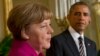 FILE - President Barack Obama and German Chancellor Angela Merkel participate in a joint news conference at the White House in Washington, Feb. 9, 2015. The two will confer on a variety of issues during Obama's two-day visit to Germany.