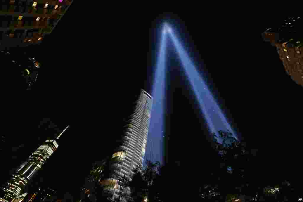 The Tribute in Light is seen in the sky above Lower Manhattan on the 16th anniversary of the Sept. 11 terror attacks, in New York, Sept. 11, 2017.