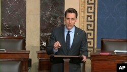 FILE - In this image from video, Sen. Josh Hawley, R-Mo., speaks on the Senate floor about the impeachment trial against President Donald Trump at the U.S. Capitol in Washington, Feb. 5, 2020.