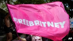 A Britney Spears supporter waves a 'Free Britney' flag outside a court hearing concerning the pop singer's conservatorship at the Stanley Mosk Courthouse, June 23, 2021, in Los Angeles.