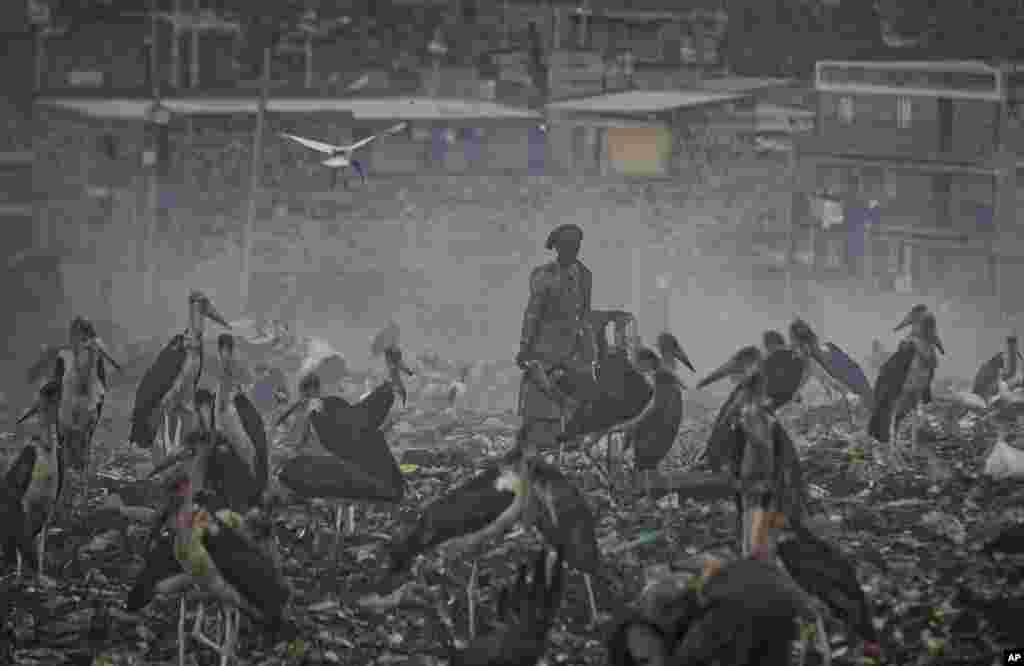 FILE - A woman who scavenges recyclable materials from garbage for a living is seen through a cloud of smoke from burning trash, surrounded by Marabou storks who feed on the garbage, at the dump in the Dandora slum of Nairobi, Kenya, In this Wednesday, De