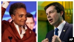 Lori Lightfoot (izq), la nueva alcaldesa de Chicago, y Pete Buttigieg, alcalde de South Bend, una pequeña ciudad en Indiana, que está haciendo olas en las primarias demócratas. Sus éxitos reflejan los progresos de la comunidad LGBT en la política de EE.UU.