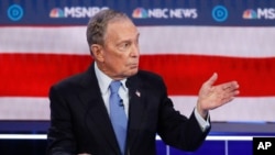 Democratic presidential candidate, former New York City Mayor Mike Bloomberg speaks during a Democratic presidential primary debate, Feb. 19, 2020, in Las Vegas, hosted by NBC News and MSNBC.