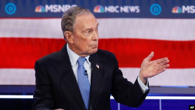 Democratic presidential candidate, former New York City Mayor Mike Bloomberg speaks during a Democratic presidential primary debate Wednesday, Feb. 19, 2020, in Las Vegas, hosted by NBC News and MSNBC. (AP Photo/John Locher)