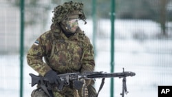 Эстонский солдат принимает участие в военных учениях НАТО. 2016 год.