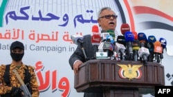 FILE - Prime minister of Yemen's Huthi government Abdelaziz bin Habtour, expresses solidarity with Gazans on December 29, 2023. Yemen's Huthi rebel group has launched drone and missile attacks at Israel and targeted ships in the Red Sea, disrupting international trade.