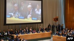 United Nations Secretary-General Antonio Guterres and US President Donald Trump open the Global Call To Action On The World Drug Problem at the United Nations in New York, Sept. 24, 2018. 