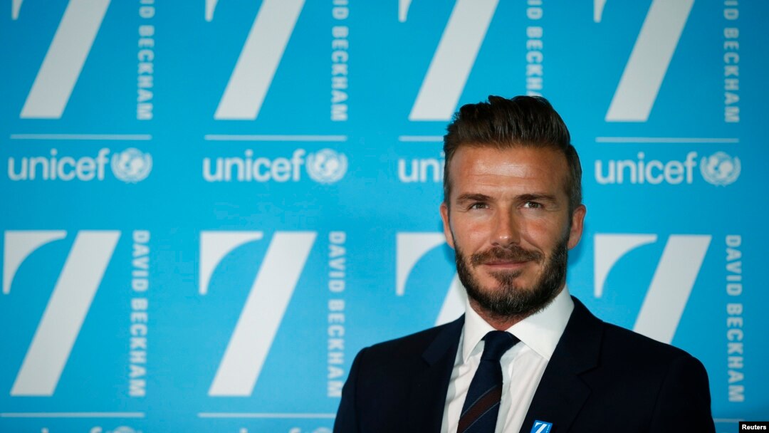 David Beckham menghadiri konferensi pers untuk menandai 10 tahun sebagai duta besar UNICEF, di markas besar Google di London, 9 Februari 2015.