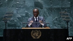 Le ministre des Affaires étrangères du Bénin, Olushegun Adjadi Bakari, s'exprime lors de la 79e session de l'Assemblée générale des Nations Unies à New York, le 28 septembre 2024. AFP / Leonardo Munoz