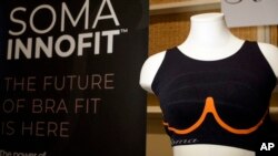 The Soma Innofit bra is displayed at CES International in Las Vegas. The Soma Innofit has four lines of circuitry hooked up to a circuit board in the back, which then connects to an app via Bluetooth, Jan. 8, 2019.