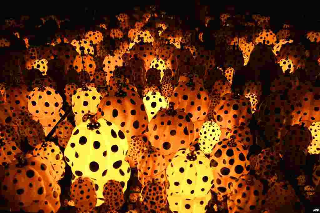 "Pumpkins Screaming About Love Beyond Infinity" by Japanese artist Yayoi Kusama is displayed in her museum in Tokyo, Japan.