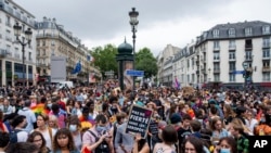 FILE - General view of the start of the annual Gay Pride march in Paris, France, July 4, 2020. 