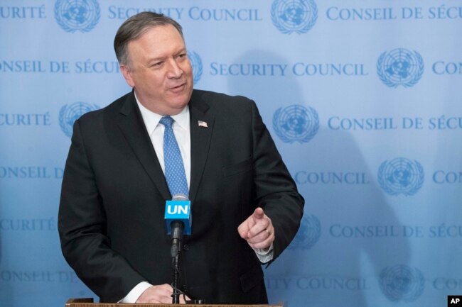 U.S. Secretary of State Mike Pompeo speaks to reporters, Dec. 12, 2018, at United Nations headquarters.