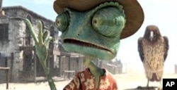 Left to right: Rango (Johnny Depp) and the Hawk in RANGO, from Paramount Pictures and Nickelodeon Movies.