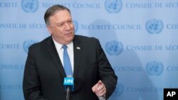 Menlu AS Mike Pompeo memberikan keterangan kepada media di markas besar PBB, New York, 12 Desember 2018. 