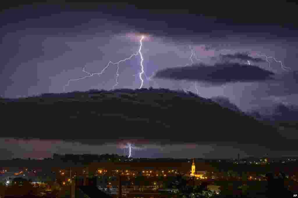 Lightning strikes over the sky in Nagykanizsa, Hungary.