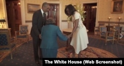 Virginia McLaurin dances with President Barack Obama and Michelle Obama during a visit to the White House. She is 106 years old.