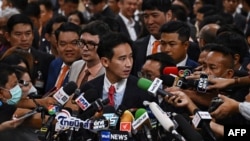 Move Forward Party Leader and prime ministerial candidate Pita Limjaroenrat speaks to the media in Thai Parliament after the parliamentary vote for the premiership in Bangkok on July 13, 2023. (Photo by Lillian SUWANRUMPHA / AFP)