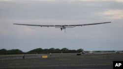 The Solar Impulse 2 solar plane lifts off at the Kalaeloa Airport, in Kapolei, Hawaii, April 21, 2016. The solar plane on an around-the-world journey has reached the point of no return over the Pacific Ocean after departing Hawaii, heading to California.