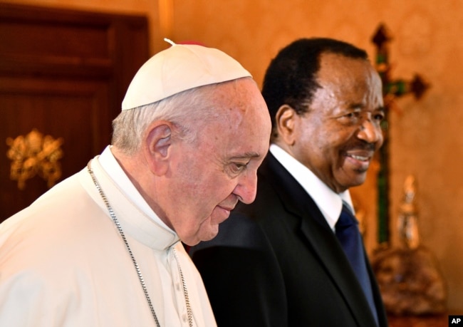 Pope Francis welcomes Cameroon's President Paul Biya for a private audience at the Vatican, March 23, 2017.