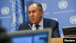 Russia's Foreign Minister Sergei Lavrov delivers remarks at a news conference at the 72nd General Assembly at U.N. headquarters in New York, Sept. 22, 2017.