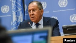 FILE - Russia's Foreign Minister Sergey Lavrov delivers remarks at a news conference at the 72nd United Nations General Assembly at U.N. headquarters in New York City, Sept. 22, 2017.