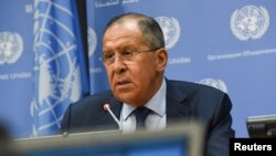 Menlu Rusia Sergei Lavrov memberikan pernyataan di depan Sidang Umum PBB di New York, Jumat (22/9). 