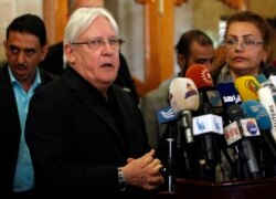 FILE - The United Nations Special Envoy to Yemen Martin Griffiths speaks to the press upon his arrival at Sanaa international airport in Yemen, March 24, 2018.