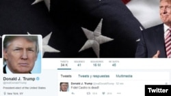지난 26일 도널드 트럼프 미국 대통령 당선인의 트위터 계정. "피델 카스트로가 사망했다!"는 짧은 글을 올려놓았다.