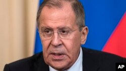 Menteri Luar Negeri Rusia Sergey Lavrov di Moskow, 13 April 2018. 