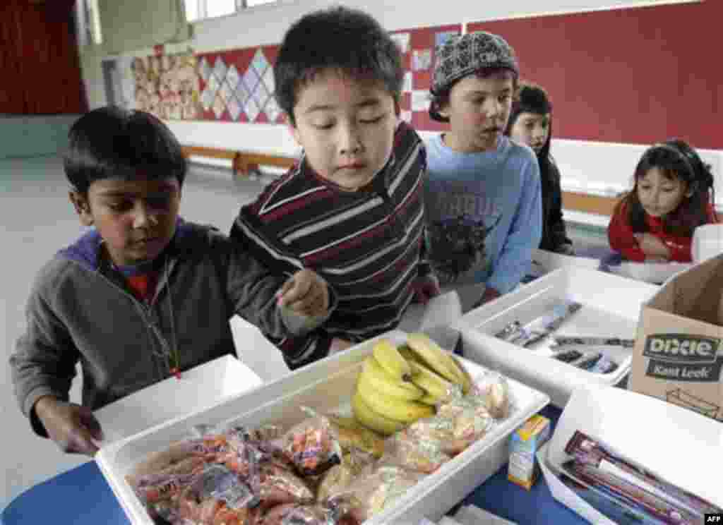 Fairmeadow Elementary School second grade student Jonathan Cheng, center, looks at fruits and vegetables during a school lunch program in Palo Alto, Calif., Thursday, Dec. 2, 2010. More children would eat lunches and dinners at school under legislation pa