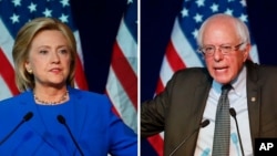 FILE - Leading Democratic presidential candidates Hillary Clinton, left, and Bernie Sanders.