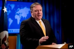 FILE - Secretary of State Mike Pompeo speaks at a news conference at the State Department in Washington, Feb. 1, 2019.