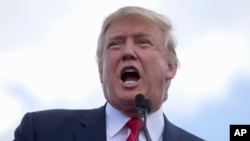 FILE - In this Sept. 9, 2015 file photo, Republican presidential candidate Donald Trump speaks on Capitol Hill in Washington. 