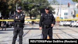 USA, San Jose, Police secure the scene of a mass shooting