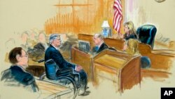 This courtroom sketch shows Paul Manafort listening to Judge Amy Berman Jackson during his sentencing hearing, in Washington, March 13, 2019.