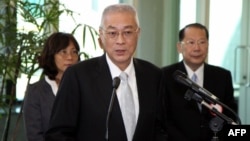 Taiwan's Vice President Wu Den-yih speaking at Taiwan's Taoyuan International Airport before departing to New York. 