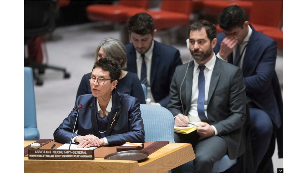 FILE - Assistant Secretary-General for Humanitarian Affairs and Deputy Emergency Relief Coordinator Ursula Mueller speaks during a Security Council meeting at United Nations headquarters, April 25, 2018.