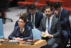 FILE - Assistant Secretary-General for Humanitarian Affairs and Deputy Emergency Relief Coordinator Ursula Mueller speaks during a Security Council meeting at United Nations headquarters, April 25, 2018.