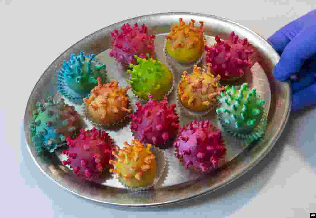 El maestro pastelero Torsten Roth presenta su llamado 'Pralines Anticuerpos de Corona' en el Roth Backery en Erfurt, Alemania.