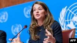 Melinda Gates, co-chair Yayasan Bill & Melinda Gates, berbicara dalam sebuah konferensi pers di sela-sela Sidang Kesehatan Dunia, 20 Mei 2014, di Jenewa.