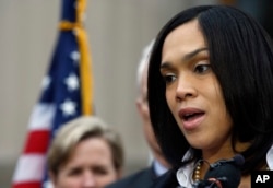 FILE - Marilyn Mosby, Baltimore state's attorney, speaks during a media availability, May 1, 2015 in Baltimore, Maryland.