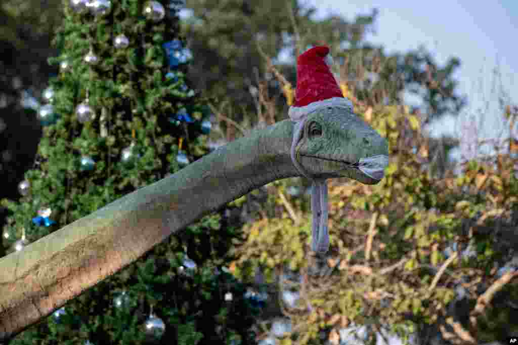 A sculpture of a dinosaur is dressed with a Santa hat and a face mask, in Bangkok, Thailand.